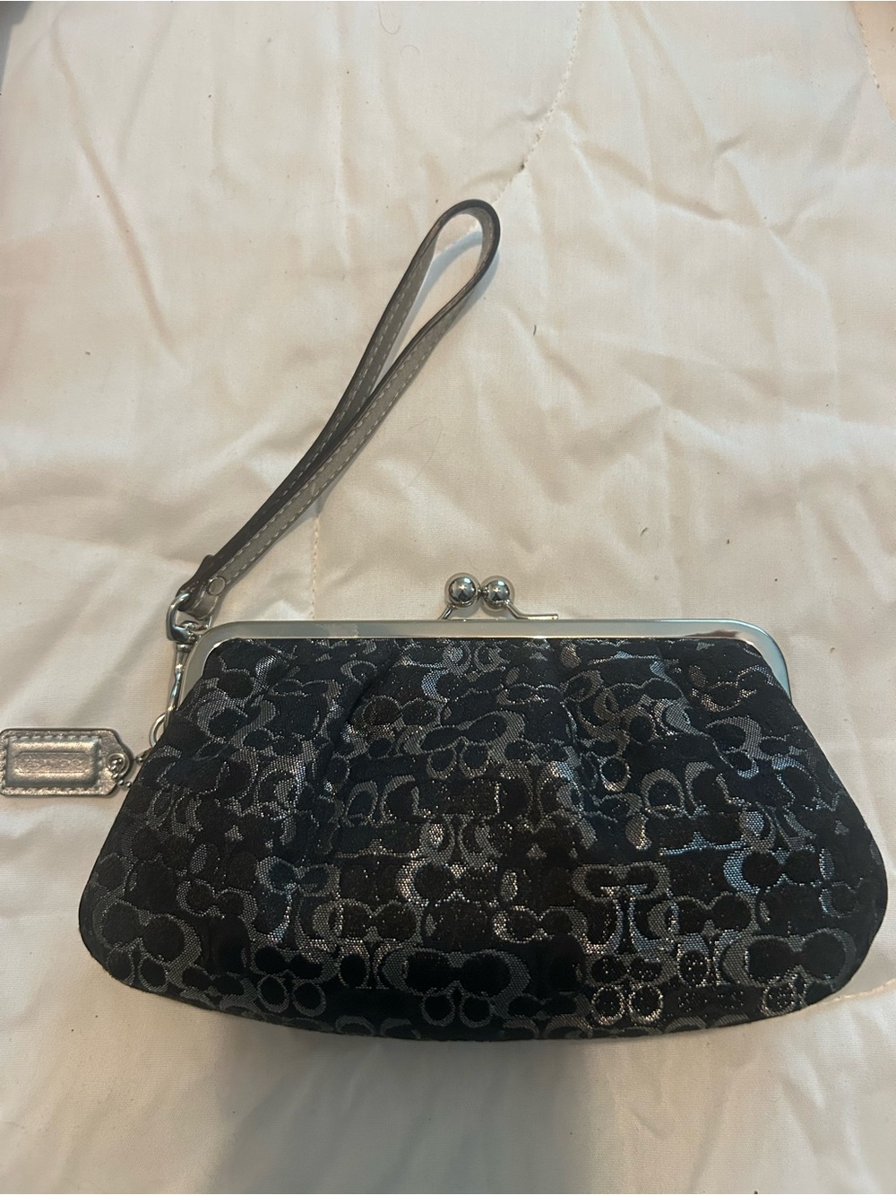 Coach Black Signature Kiss-Lock Wristlet Clutch with Silver Hardware